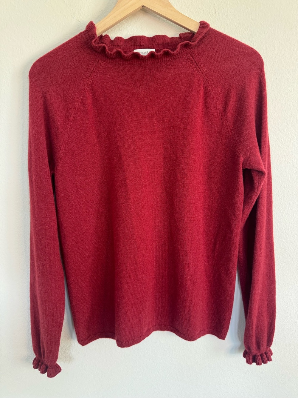 Garnet Hill 100% Cashmere Ruffle  Neck Sweater Red Long Sleeve Minimalist M
